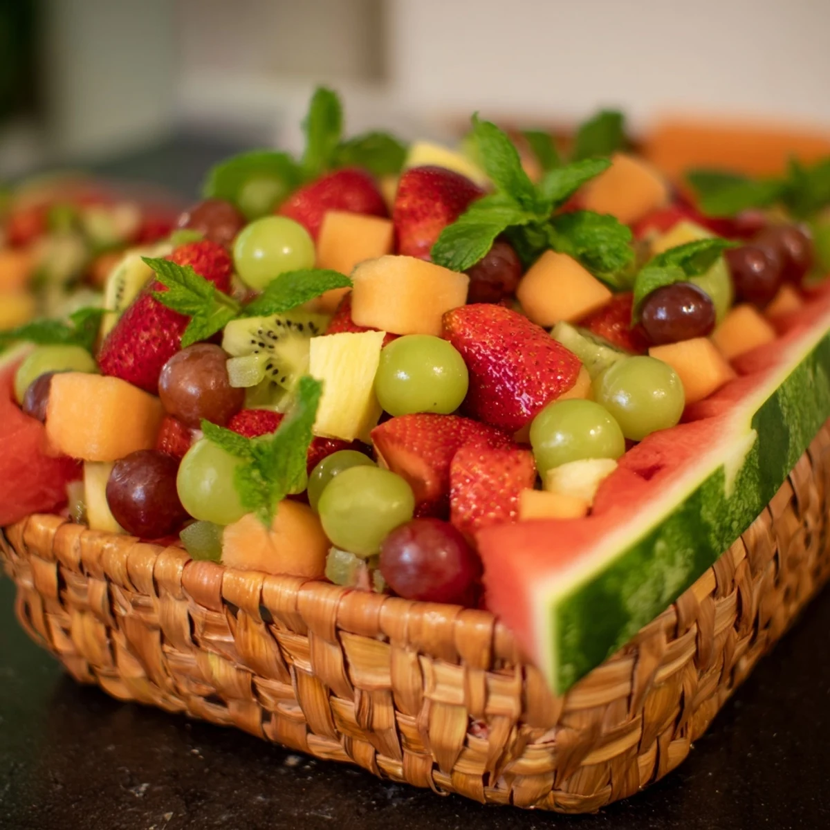 Carved watermelon basket filled with colorful fresh fruit salad for summer parties