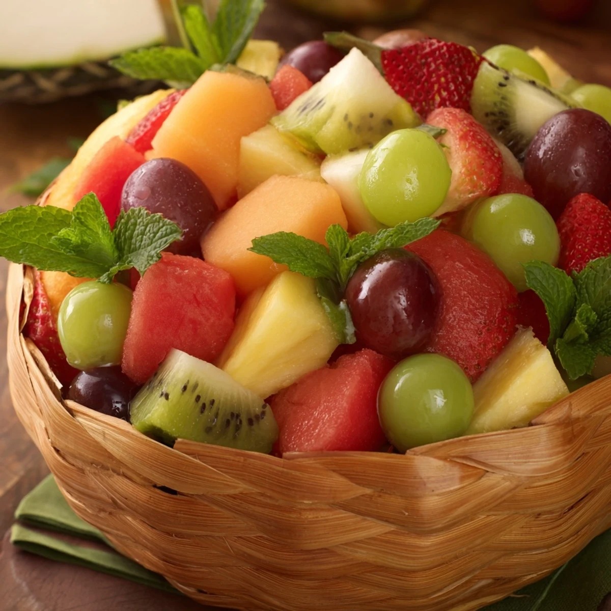 Vibrant fruit salad served inside hollowed-out watermelon basket with mint garnish