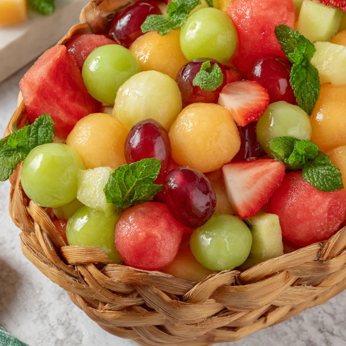 Refreshing watermelon basket displaying mixed tropical fruits and berries on a white platter