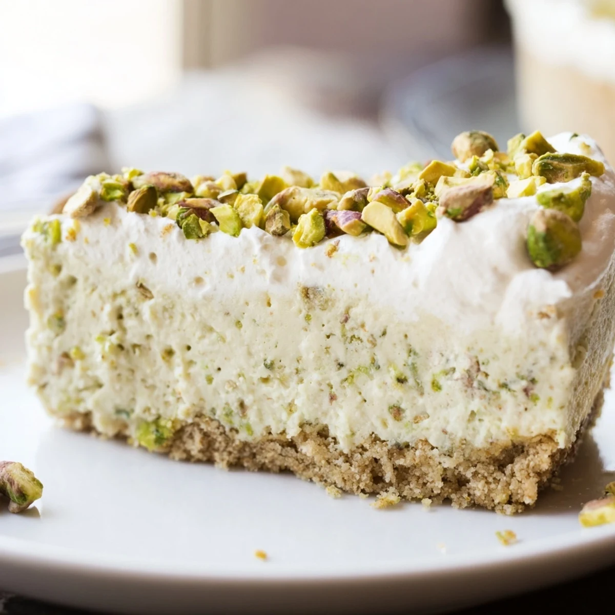 Creamy pistachio cheesecake with buttery graham crust topped with whipped cream and chopped nuts