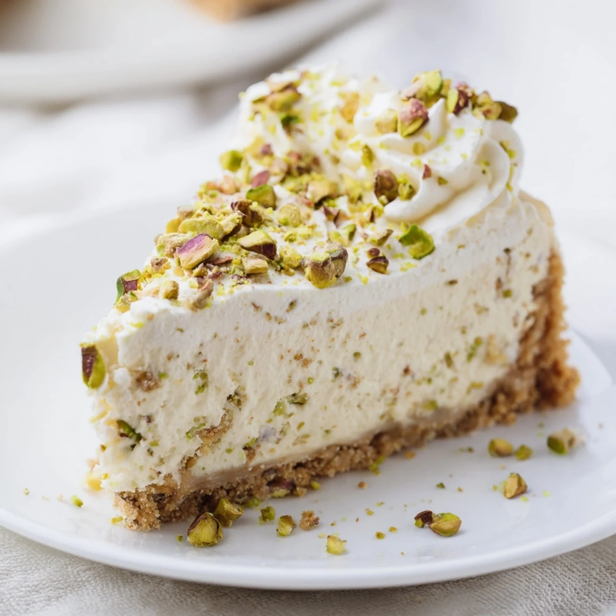 Slice of green-flecked pistachio cheesecake on white plate with golden crust and pistachio garnish