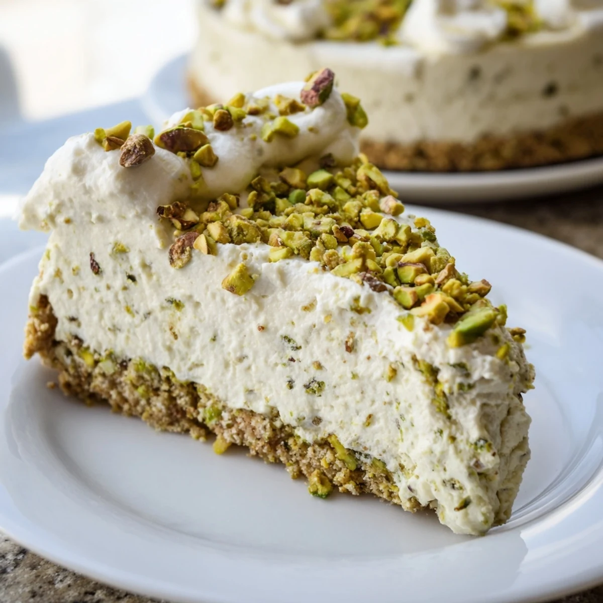 Rich pistachio cheesecake with smooth green filling and crunchy pistachio crumb topping on serving platter