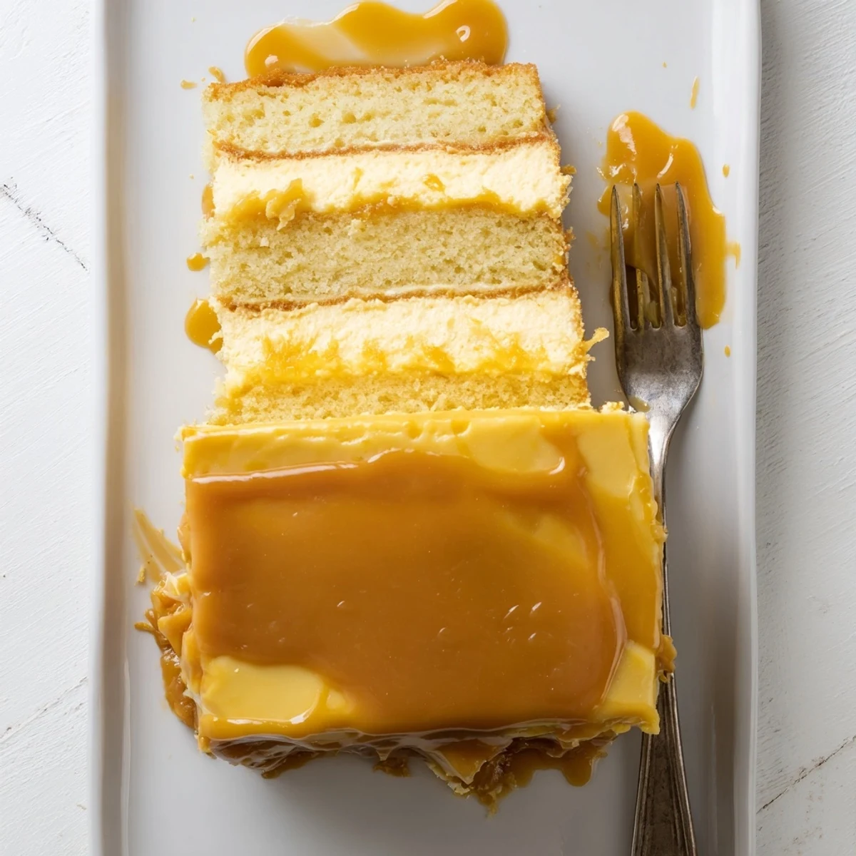 Golden caramel cake slice showcasing glossy drizzle over fluffy buttery layers on a white plate