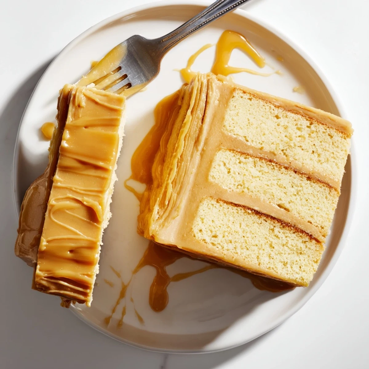 Indulgent caramel cake displaying velvety frosting and amber glaze on an elegant serving platter