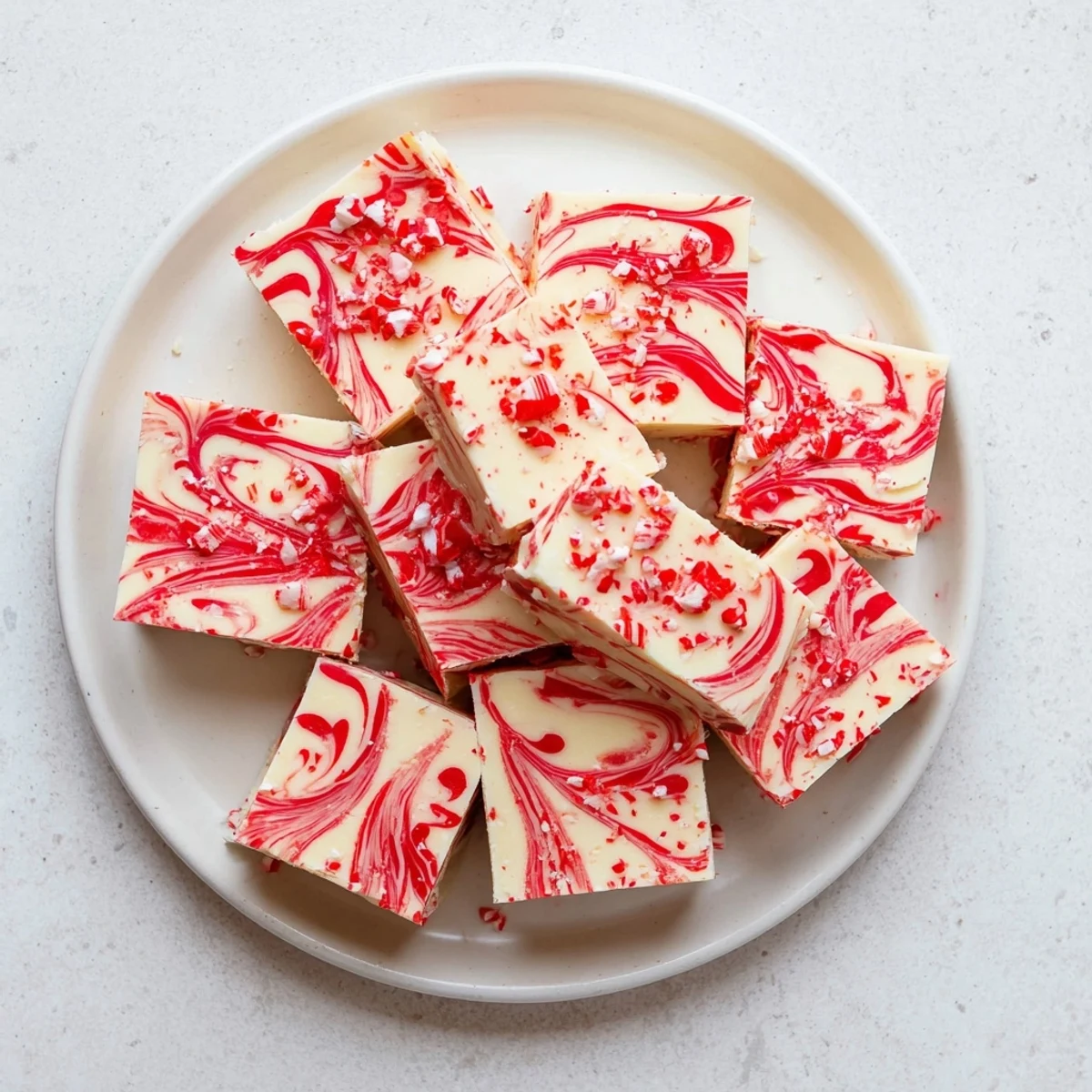 Creamy peppermint swirl fudge squares topped with crushed candy canes on a white plate