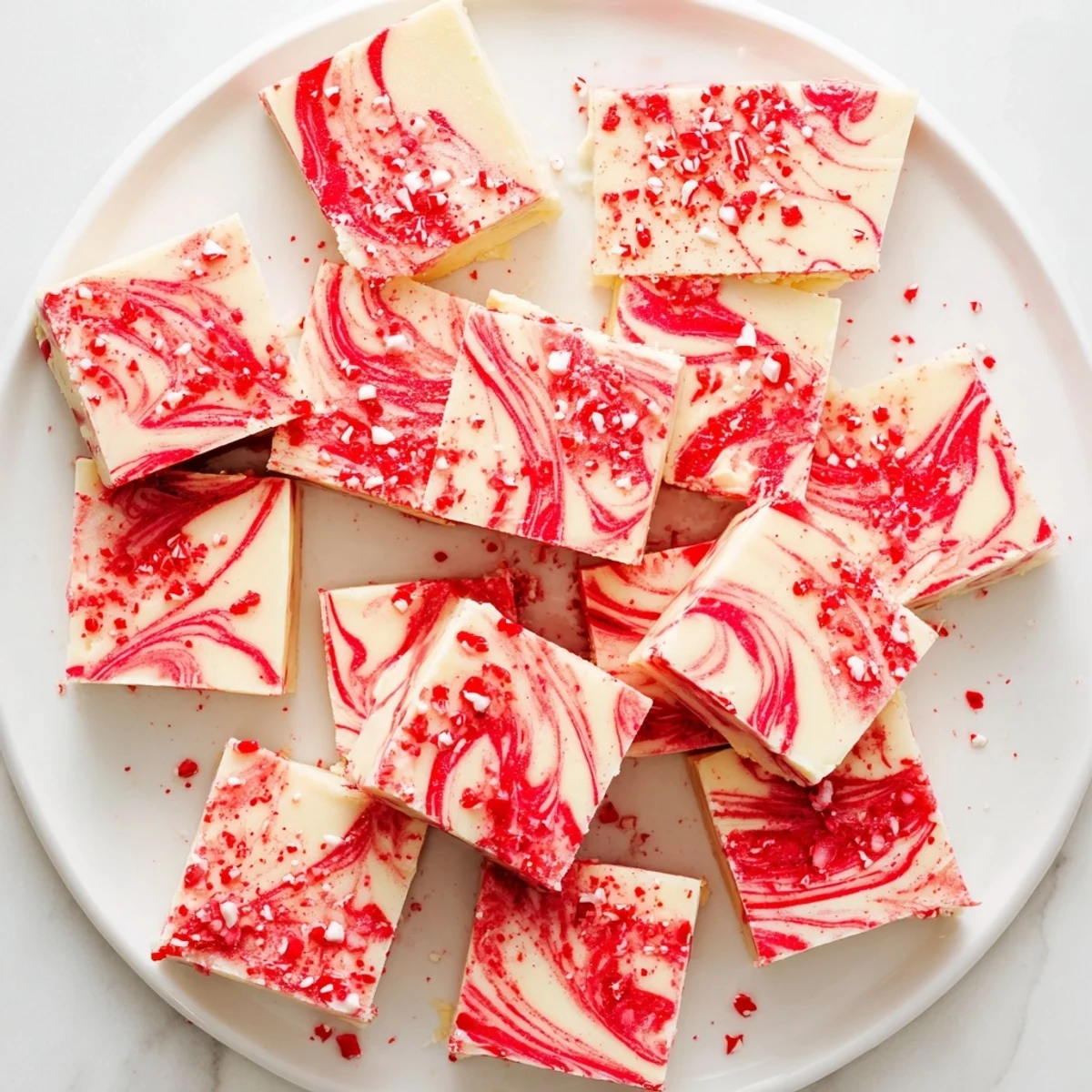 Holiday peppermint swirl fudge showing marble pattern and candy cane topping on serving dish