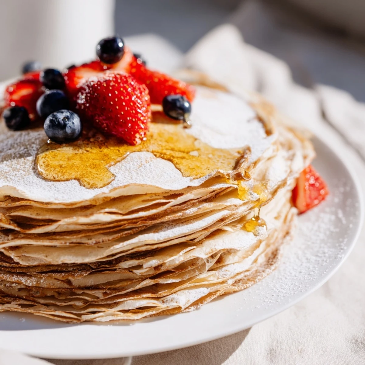 Golden honey drizzled over delicate, thin French crepes with honey on a white plate