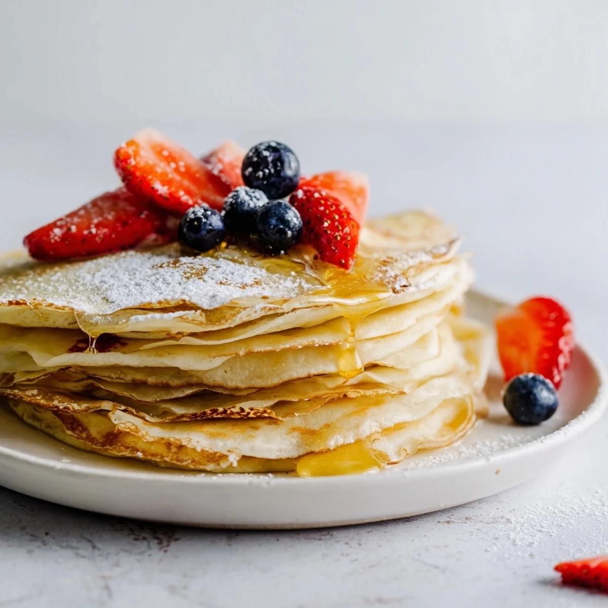 Breakfast crepes with honey drizzle served on a rustic wooden board with golden syrup