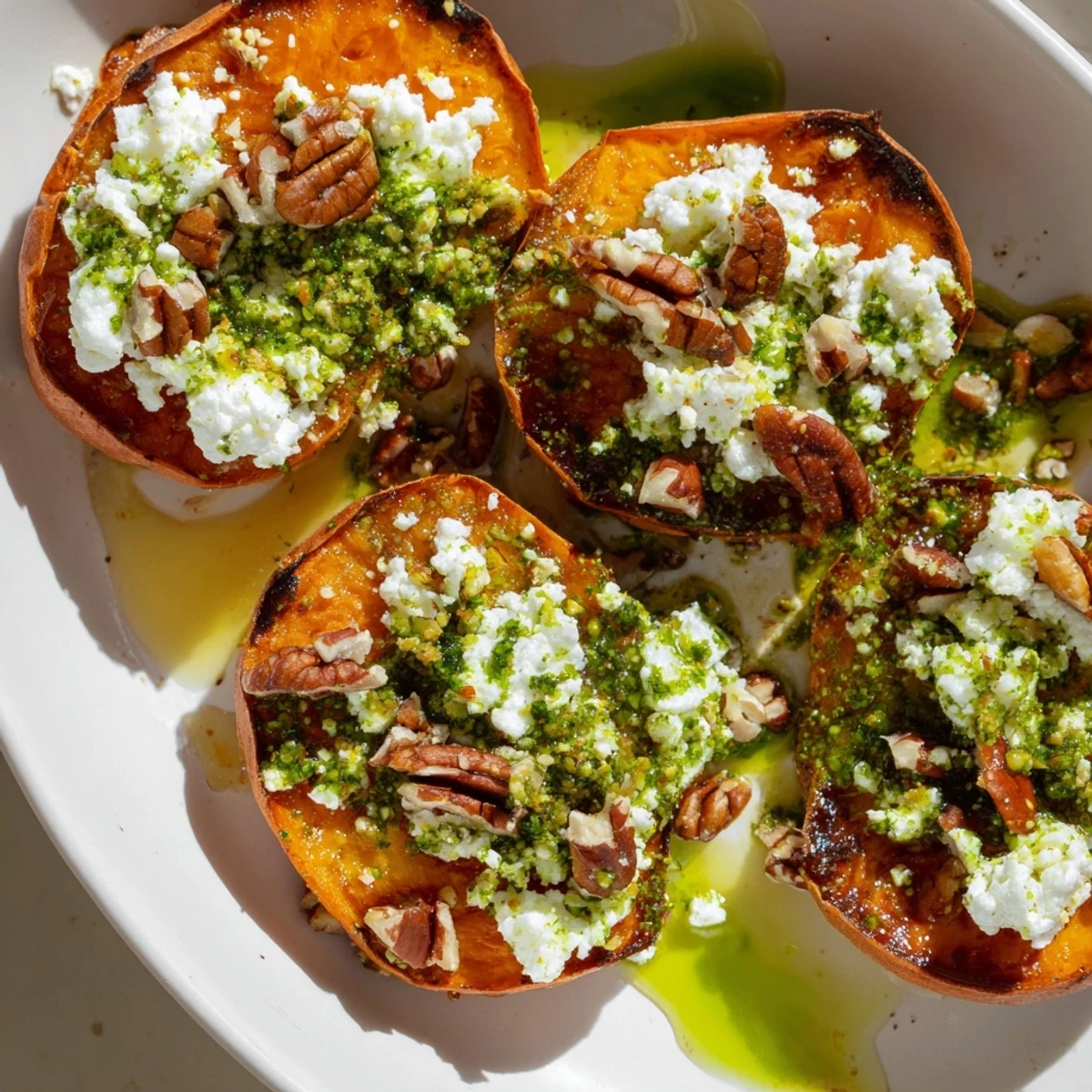 Golden roasted sweet potato crostini topped with crumbled feta cheese and sweet honey drizzle