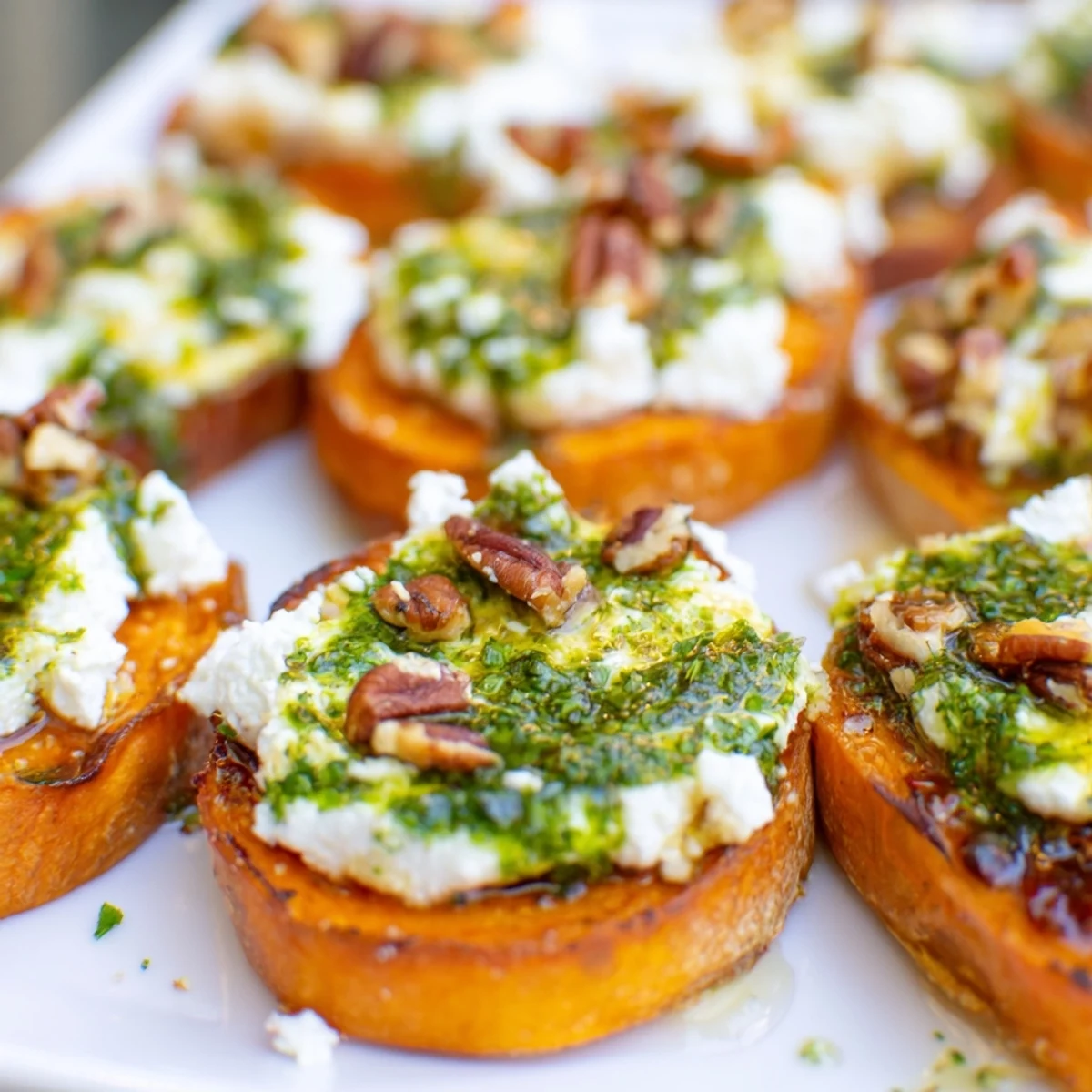 Colorful honey feta sweet potato crostini appetizer garnished with fresh green herb oil