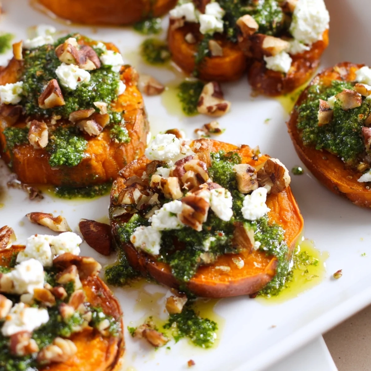 Mediterranean style sweet potato rounds with creamy feta, honey glaze, and zesty herb dressing