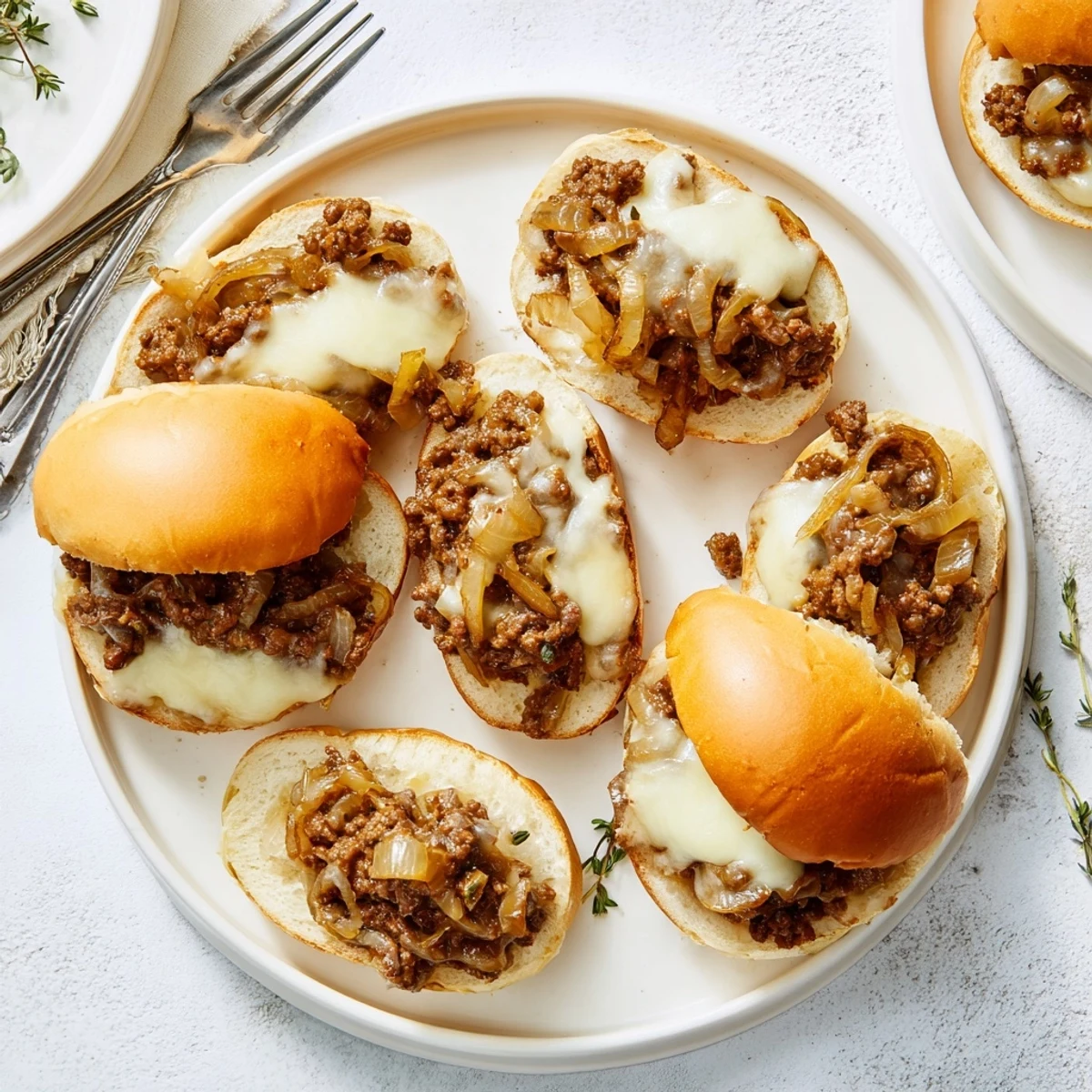 French onion beef sloppy joes piled on toasted buns with melted provolone cheese