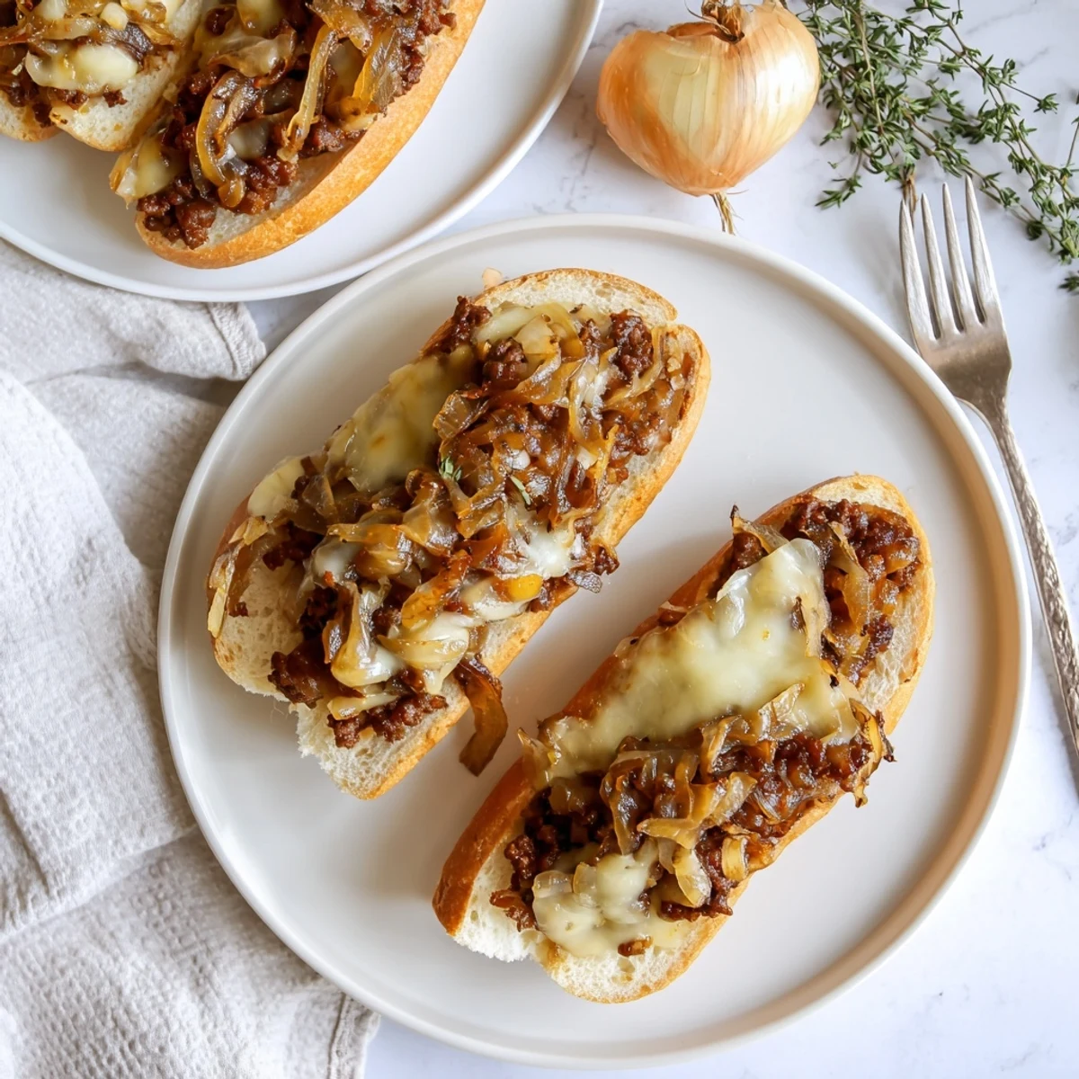 Golden caramelized onions and savory ground beef sandwich on soft hamburger bun