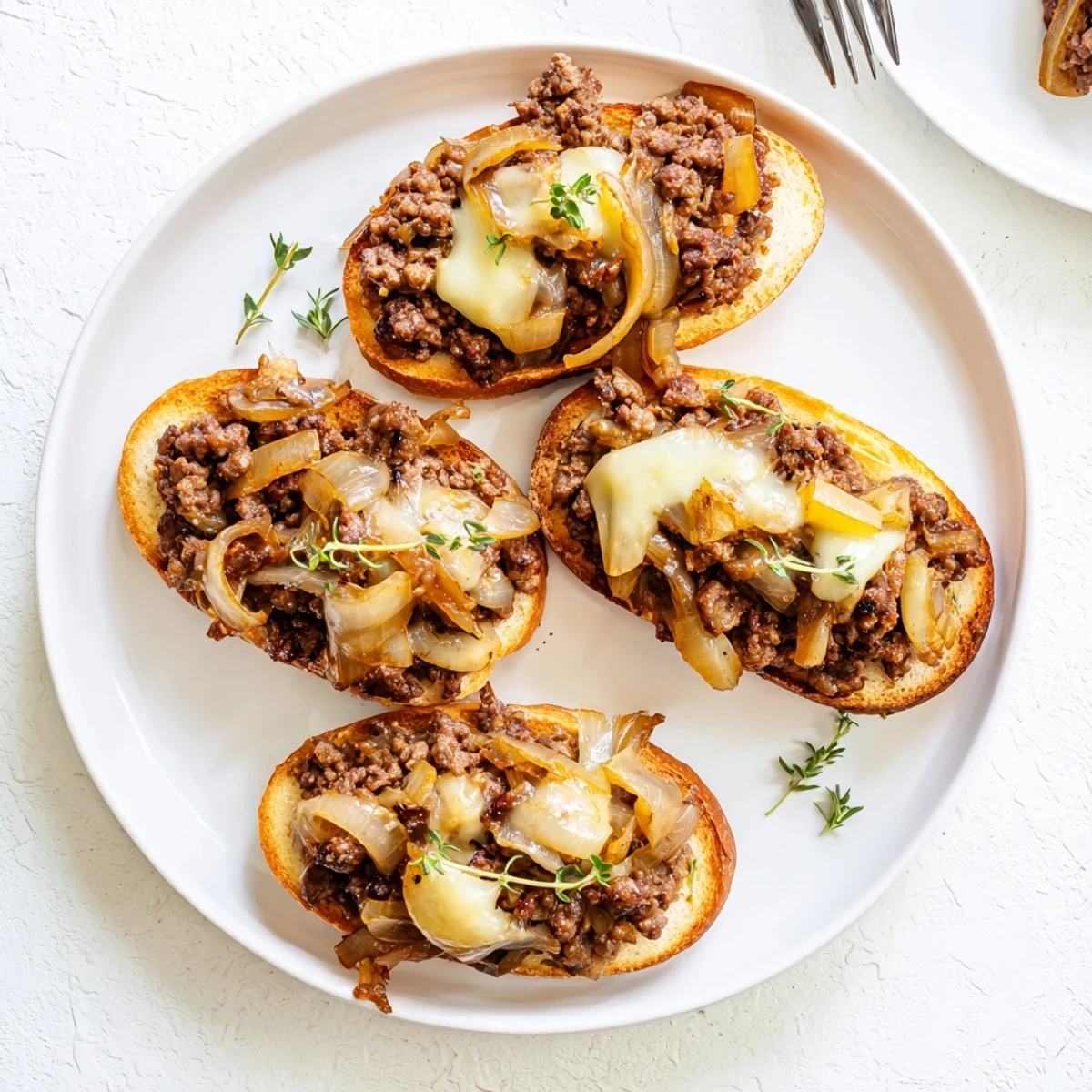 Heaping sloppy joe sandwich featuring sweet onions, melted Swiss cheese, and juicy beef