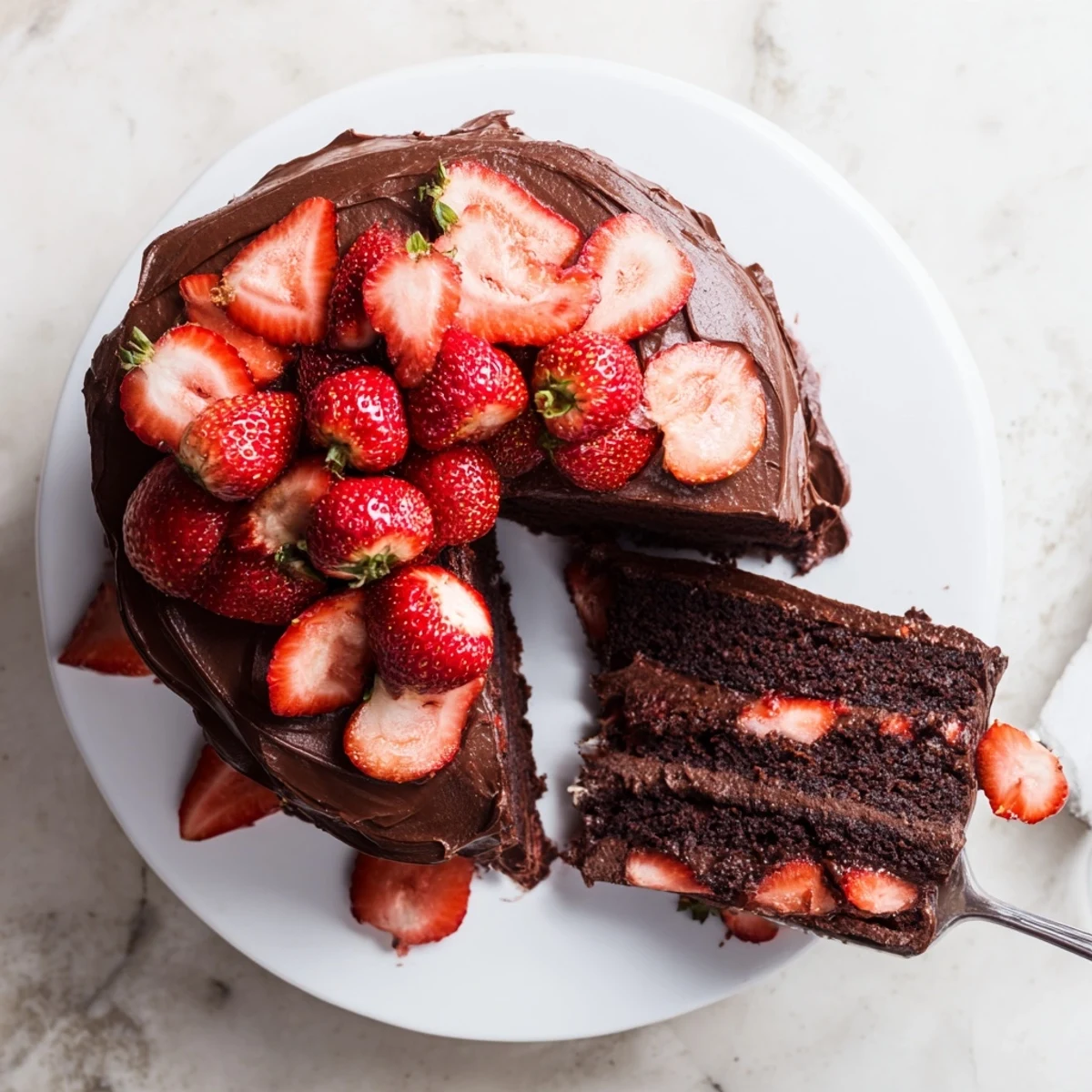 Decadent strawberry chocolate cake with glossy ganache dripping down fresh strawberry-topped layers