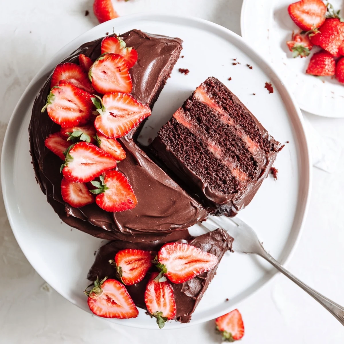Rich chocolate layer cake filled with sweet strawberries and creamy chocolate ganache frosting