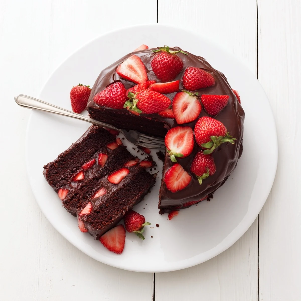 Slice of moist strawberry chocolate cake revealing fresh berries between chocolate ganache layers