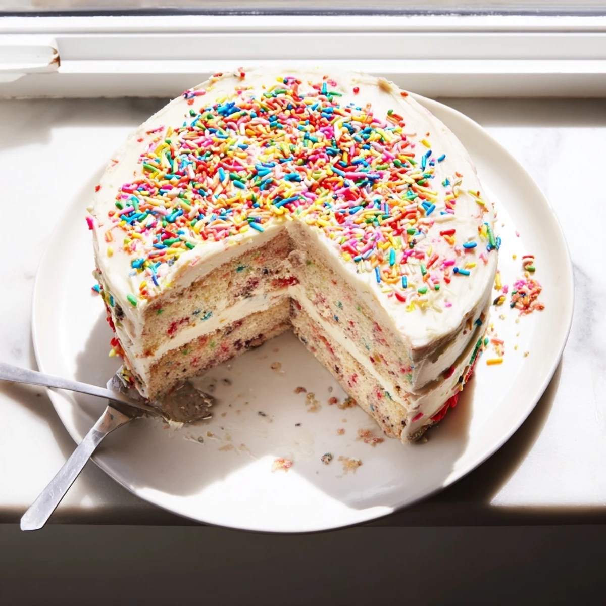 Festive Funfetti cake slice topped with fluffy white buttercream and rainbow sprinkle decoration