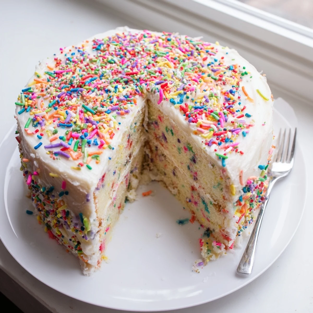 Golden vanilla Funfetti cake speckled with colorful sprinkles perfect for birthday celebrations
