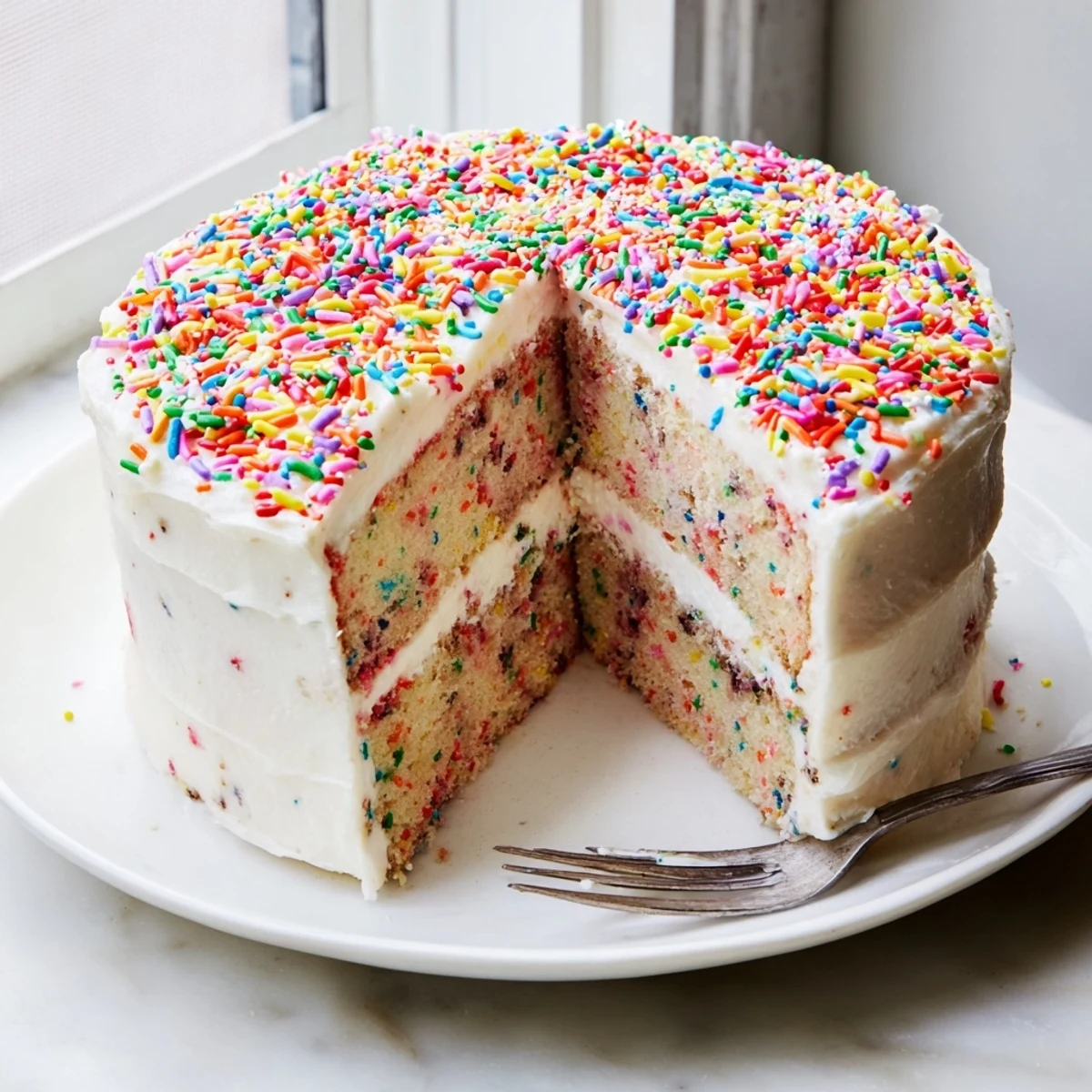 Two-layer Funfetti cake with creamy frosting and vibrant rainbow jimmies throughout