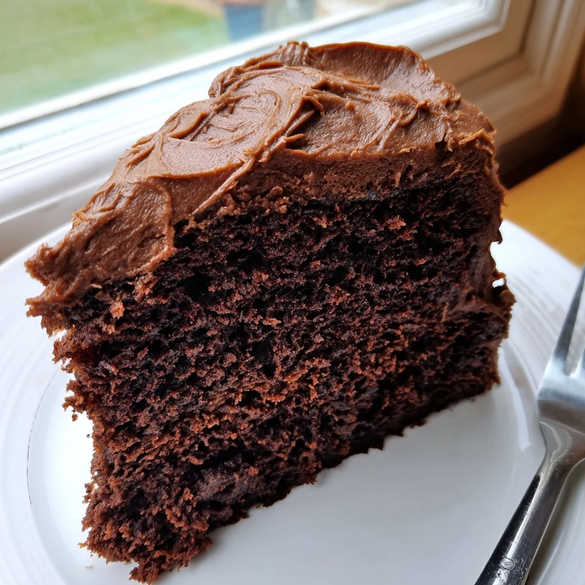 Rich chocolate layer cake frosted with smooth buttercream chocolate frosting on a white serving plate