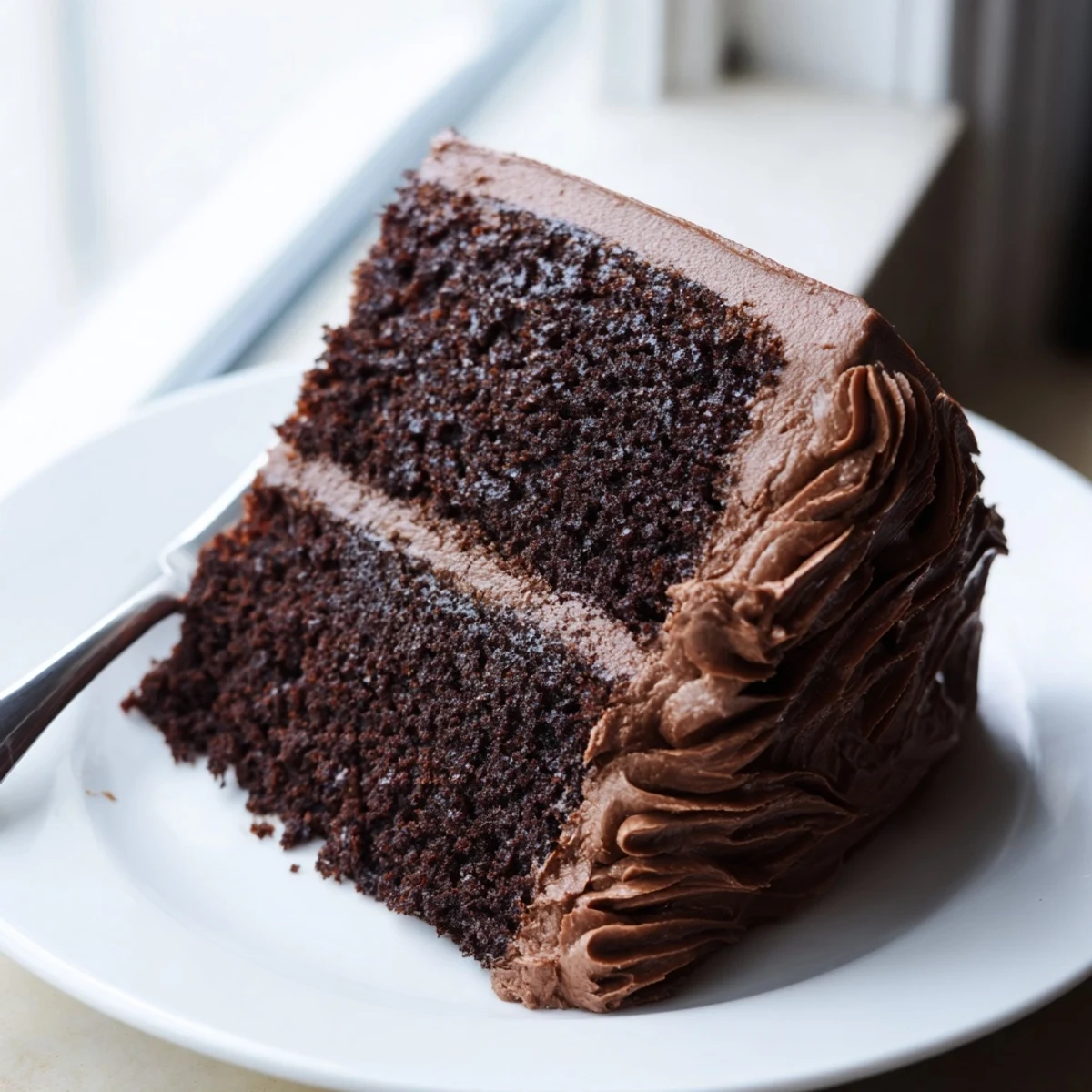 Decadent Matildas chocolate cake slice revealing moist dark crumb topped with creamy chocolate ganache