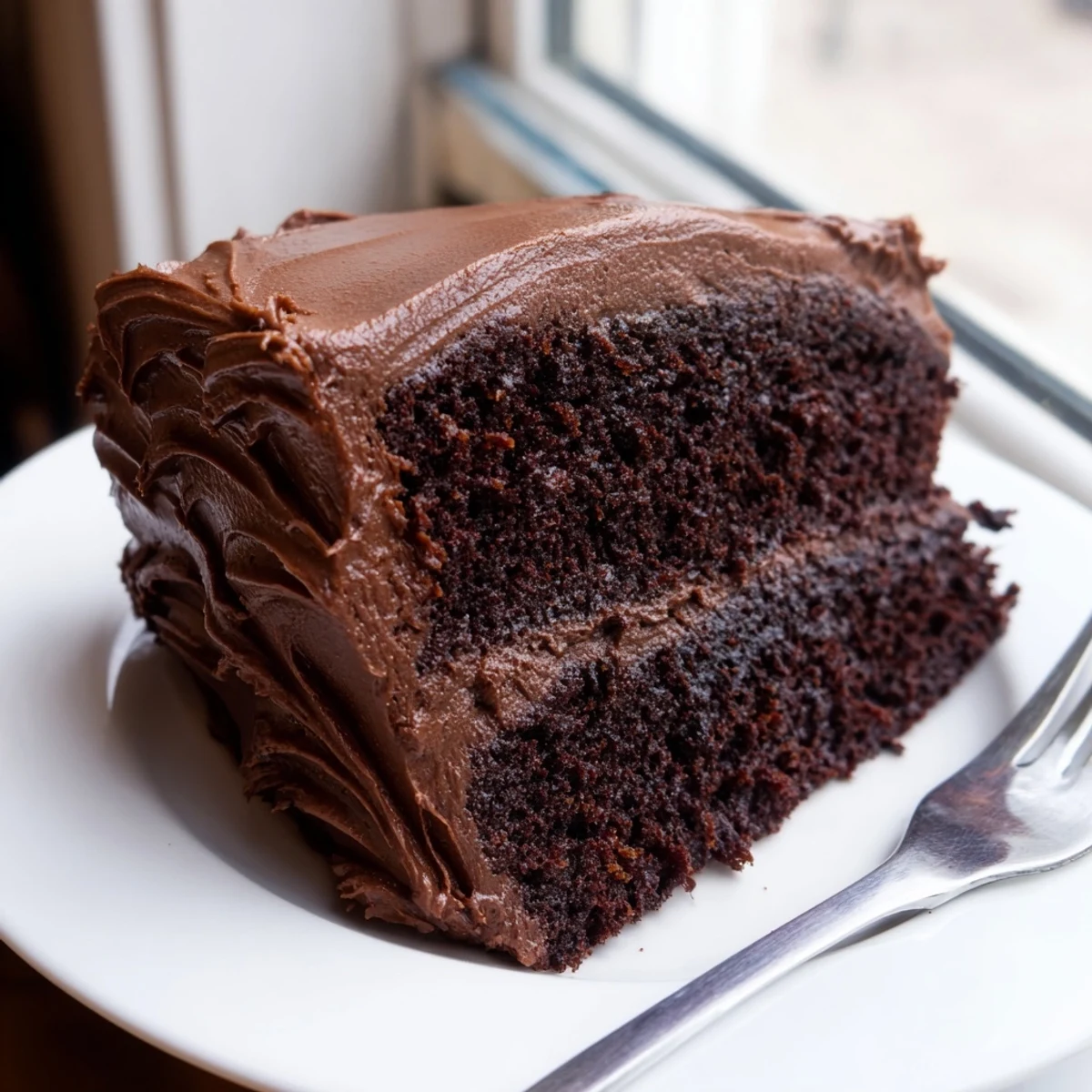 Two-layer chocolate birthday cake generously frosted and ready for celebrations with a fork on the side
