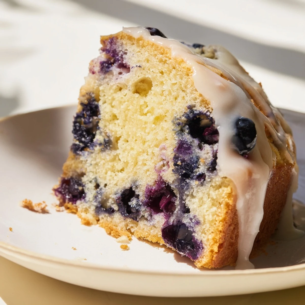 Golden lemon blueberry cake slice topped with fresh berries and powdered sugar dusting