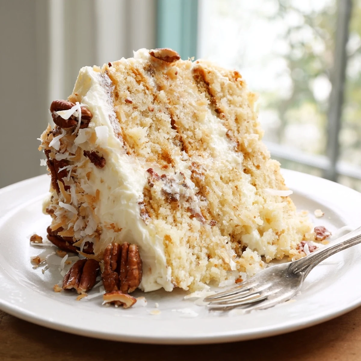 Golden Quick Italian Cream Cake slice topped with toasted pecans and coconut shreds