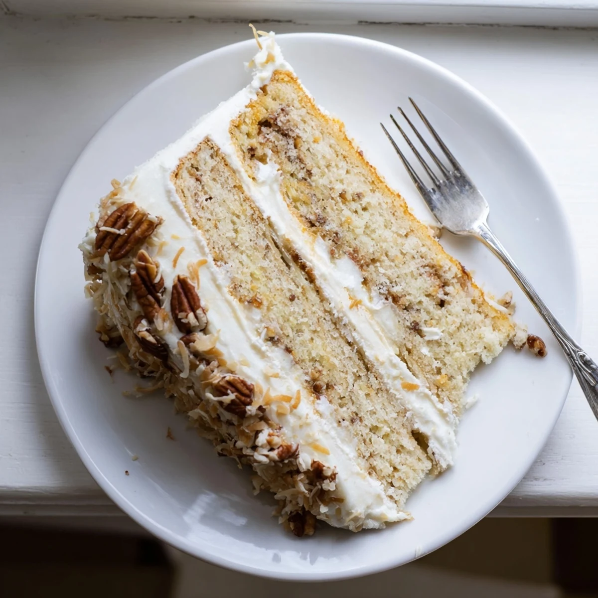 Moist Quick Italian Cream Cake layered with silky cream cheese frosting and coconut flakes