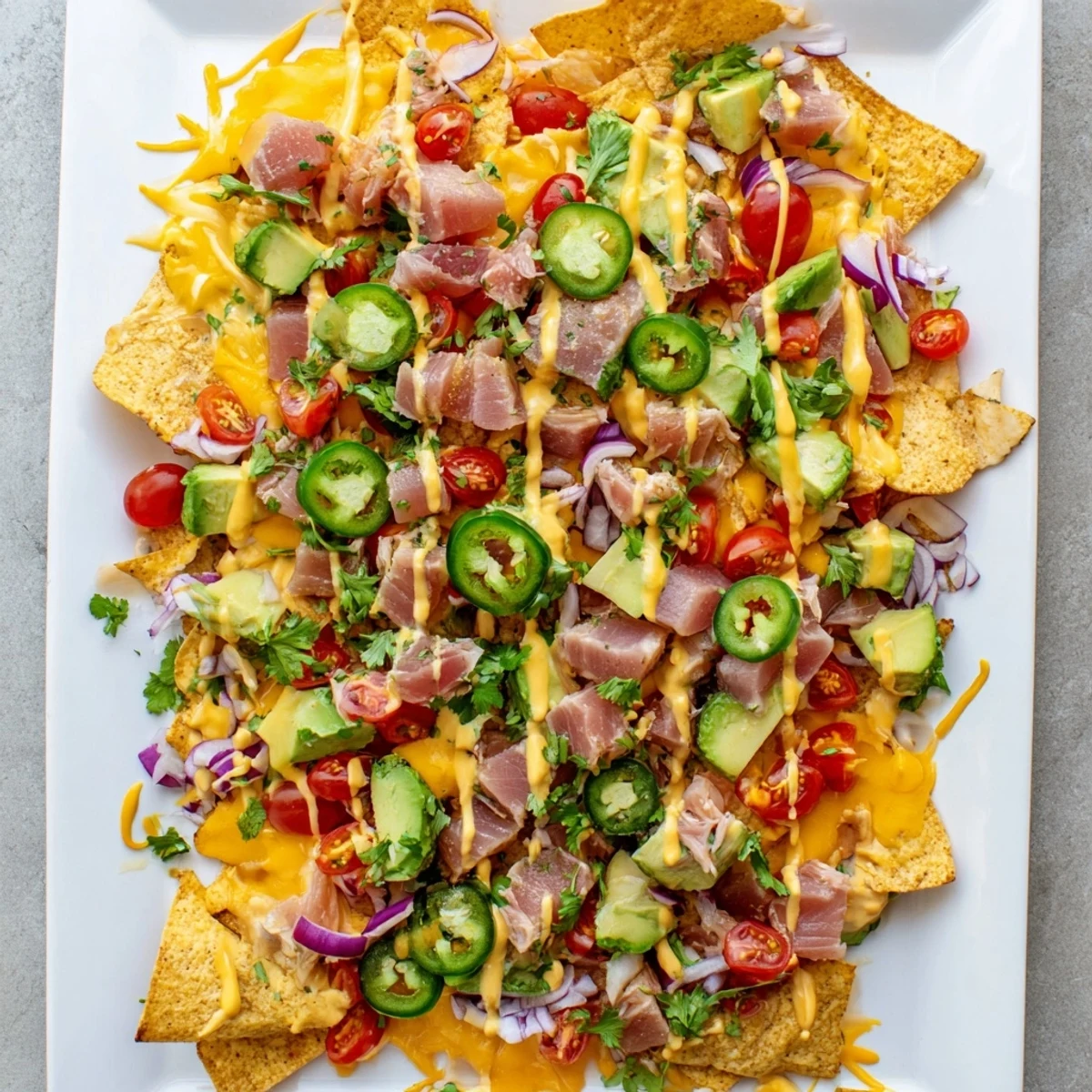 Golden tuna nachos deluxe piled high with seared fish, fresh avocado, and zesty lime crema