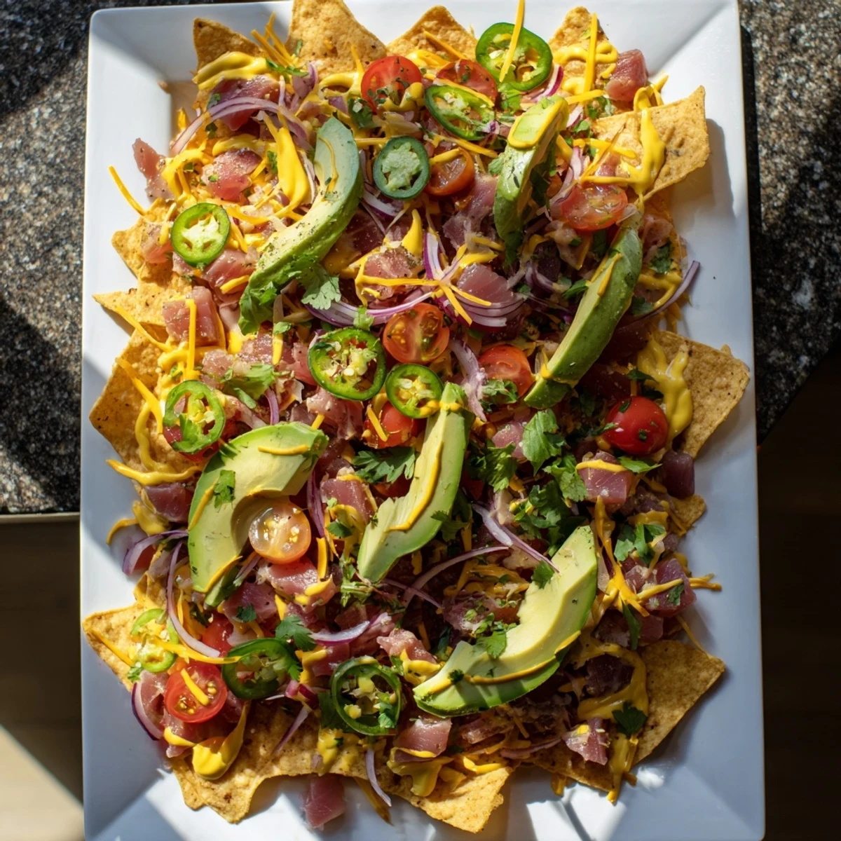 Crispy tortilla chips topped with marinated tuna, melted cheese, and colorful pico de gallo toppings