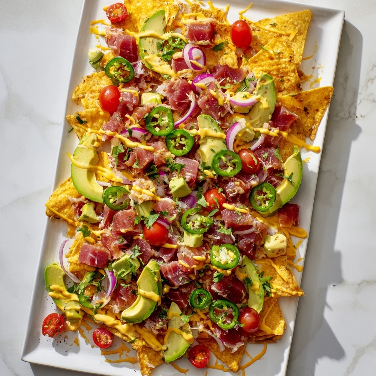 Appetizer platter featuring tuna nachos deluxe drizzled with jalapeño cream and sprinkled with cilantro