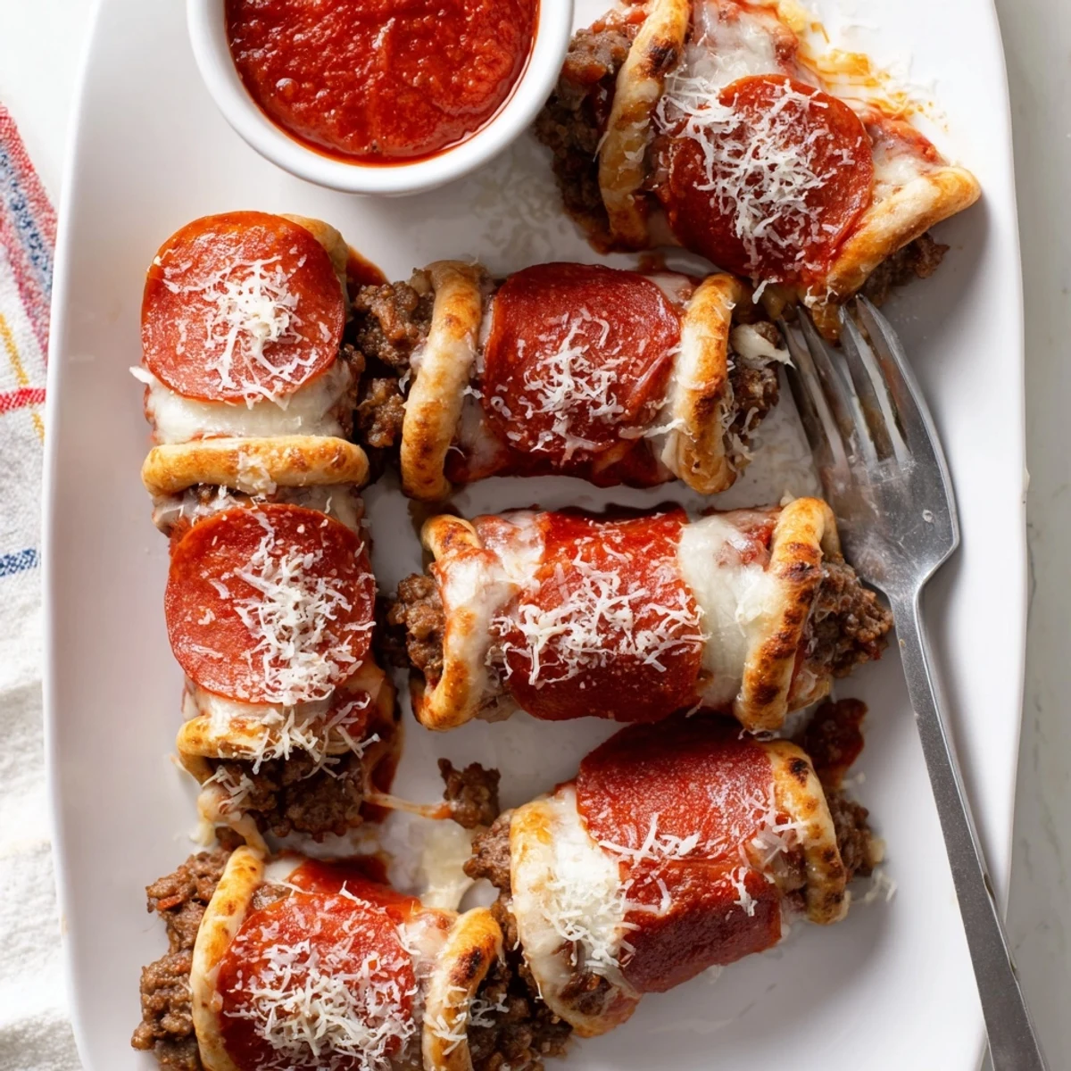 Savory low-carb beef roll ups stuffed with pepperoni and bubbling cheese on a white plate