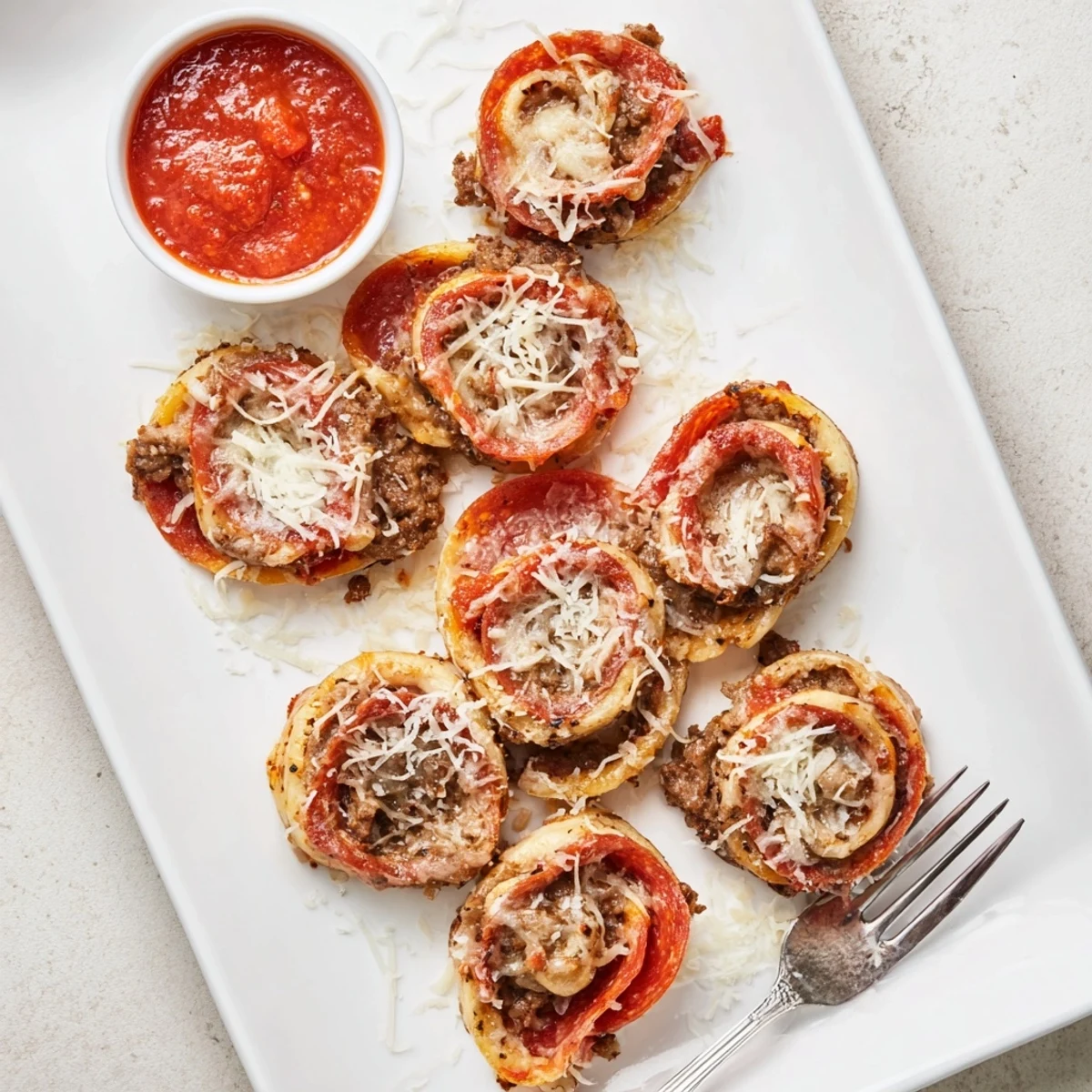 Homemade keto beef pepperoni cheese roll ups sliced open showing gooey mozzarella filling inside