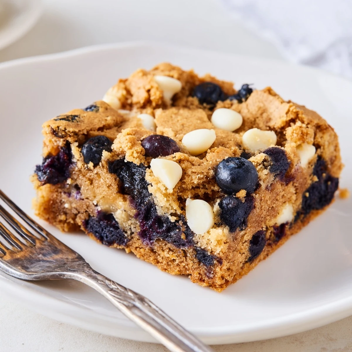 Chewy blueberry blondies topped with melted white chocolate and fresh purple berries