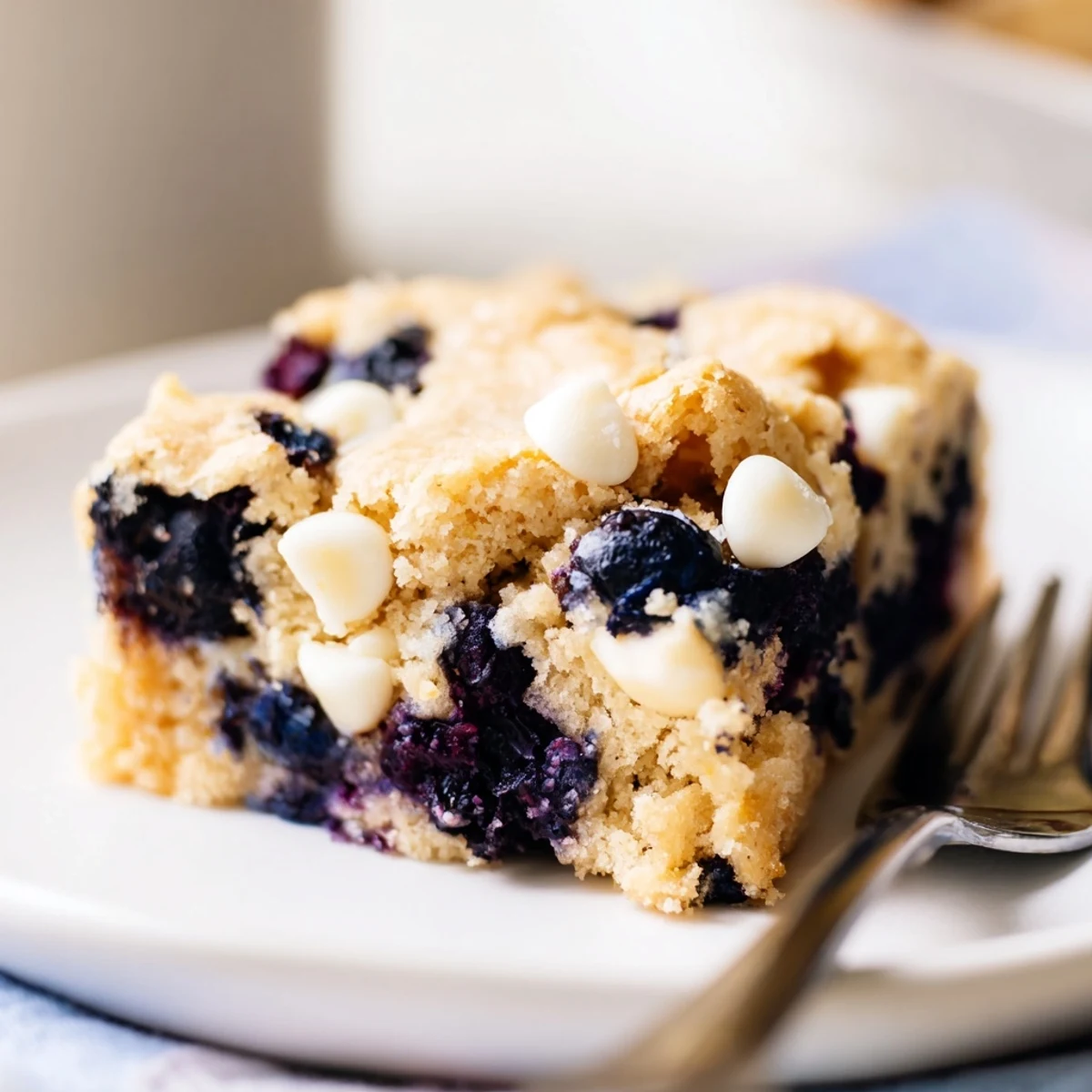 Golden blueberry blondies with scattered blueberries on a parchment-lined baking sheet