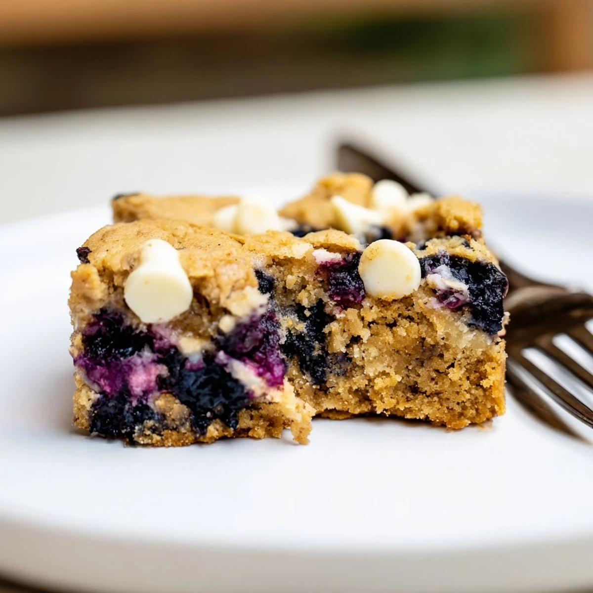 Square blueberry blondies featuring golden edges and pockets of juicy baked blueberries