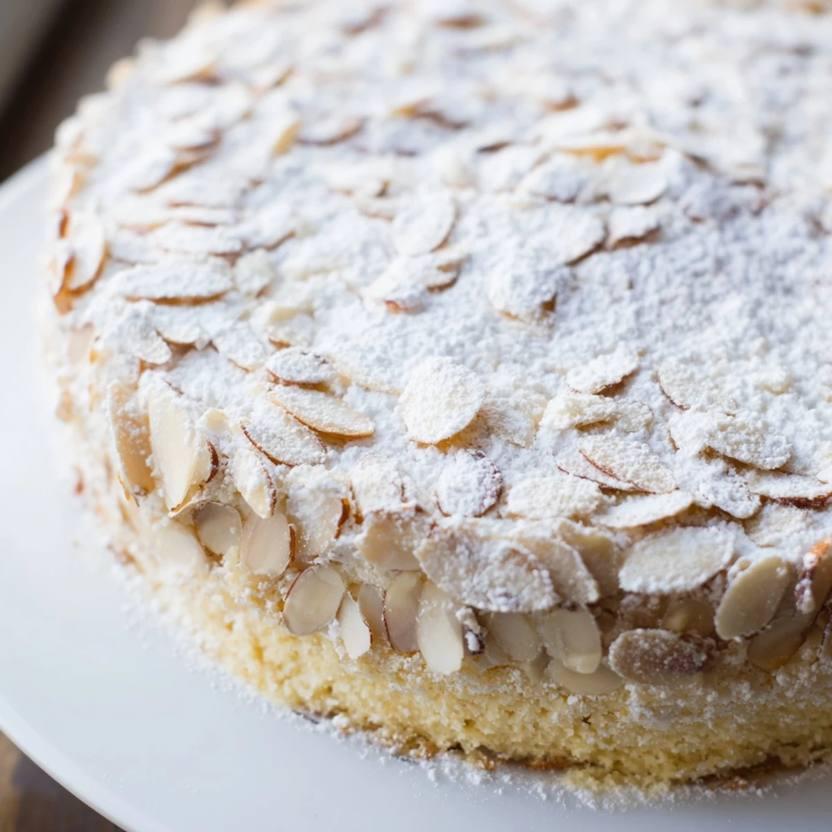 Golden almond cream cake layered with rich almond filling and topped with toasted sliced almonds on a white plate