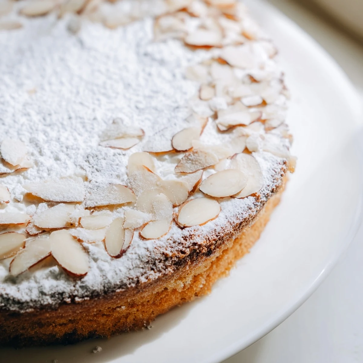 Elegant two-layer almond cream cake garnished with crunchy toasted almonds and light powdered sugar topping