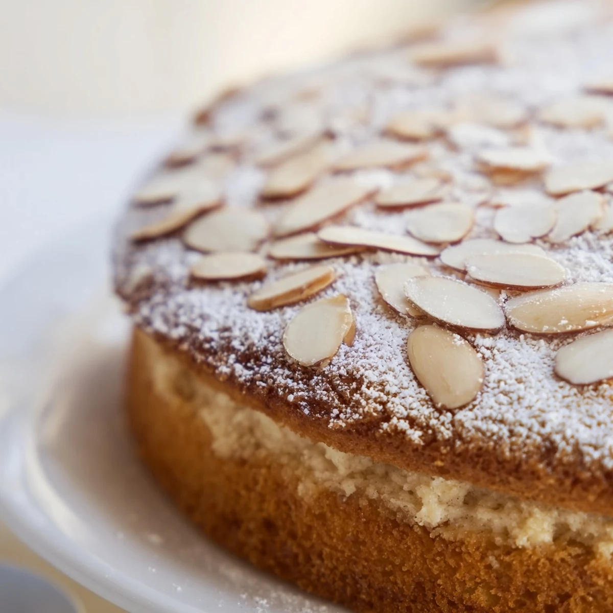 Moist almond cream cake slice showing fluffy layers with sweet almond cream filling and powdered sugar dusting