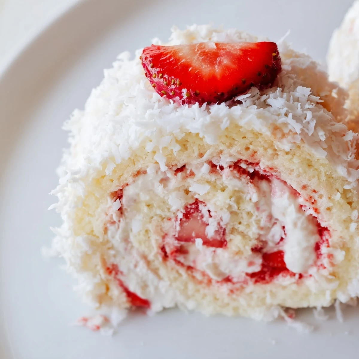 Whimsical strawberry shortcake sushi rolls with coconut-dusted edges and strawberry garnish