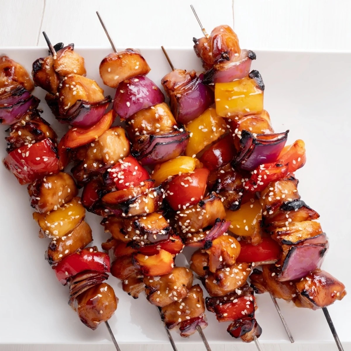 Juicy Honey Garlic BBQ Chicken Skewers served hot over rice with sesame garnish