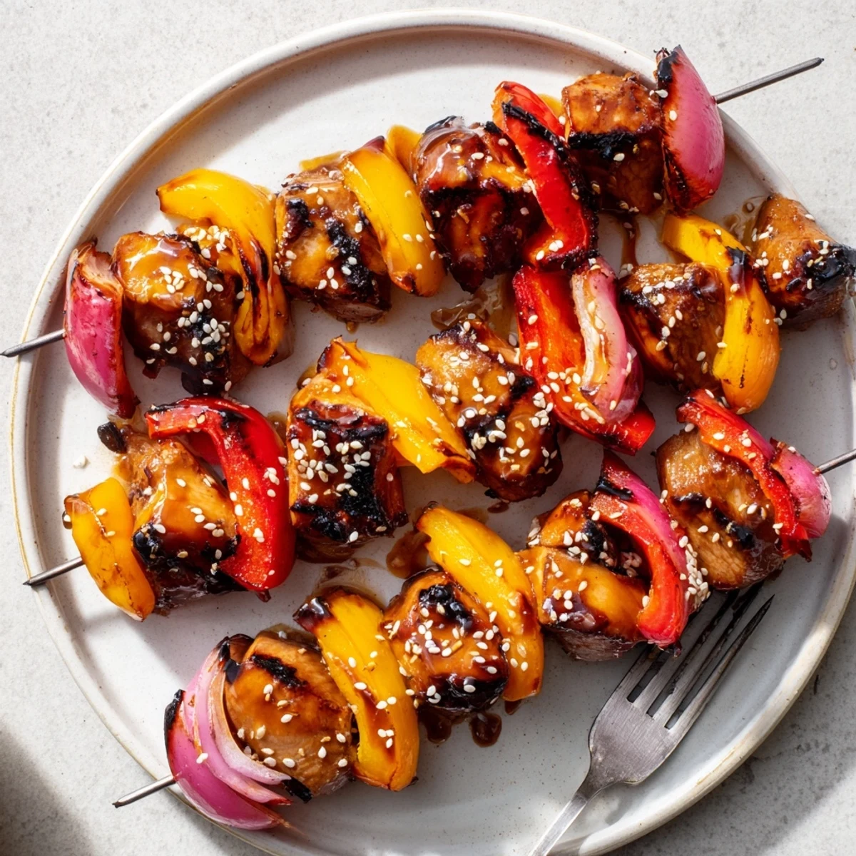 Juicy Honey Garlic BBQ Chicken Skewers brightened by charred peppers, basting glaze visible