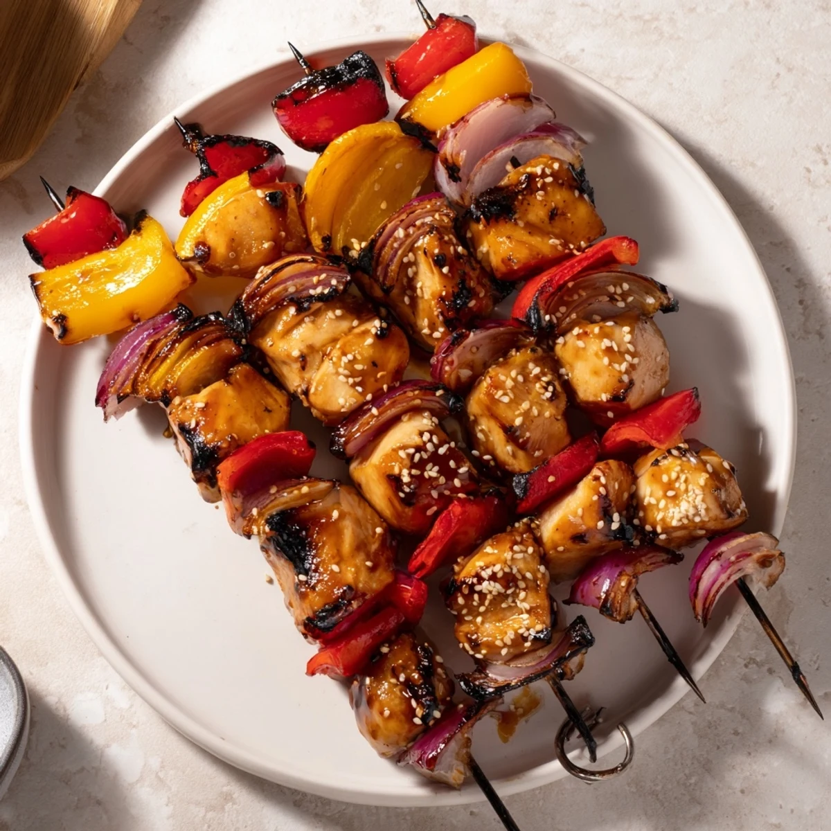 Juicy Honey Garlic BBQ Chicken Skewers glistening with sticky glaze and charred edges
