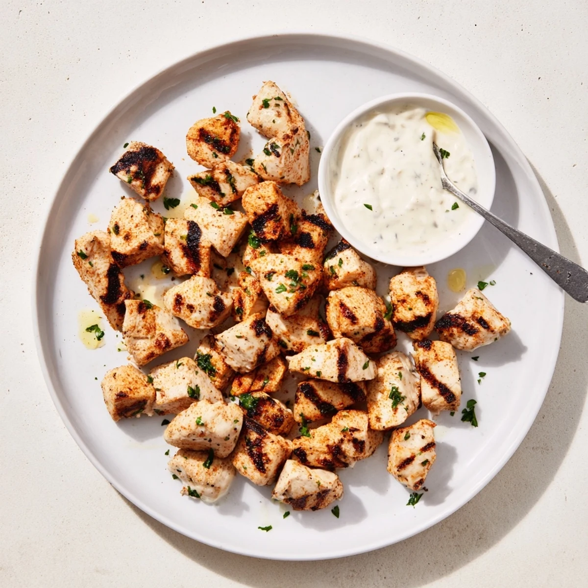 Grilled Chicken Bites With Creamy Garlic Sauce, juicy charred pieces ready for dipping