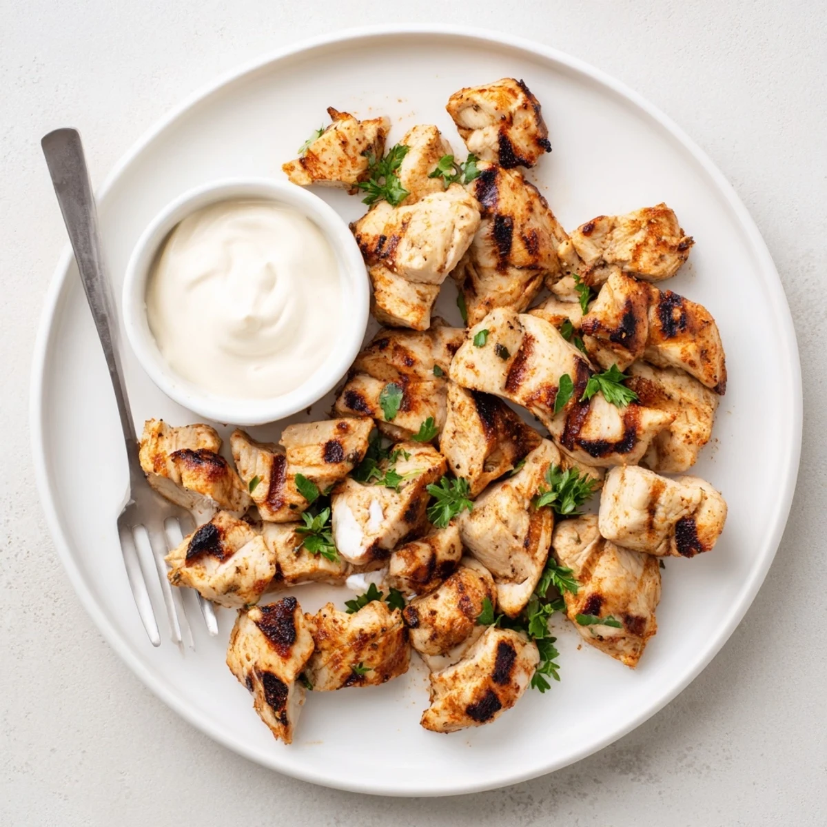 Warm tender bites drizzled with parsley: Grilled Chicken Bites With Creamy Garlic Sauce