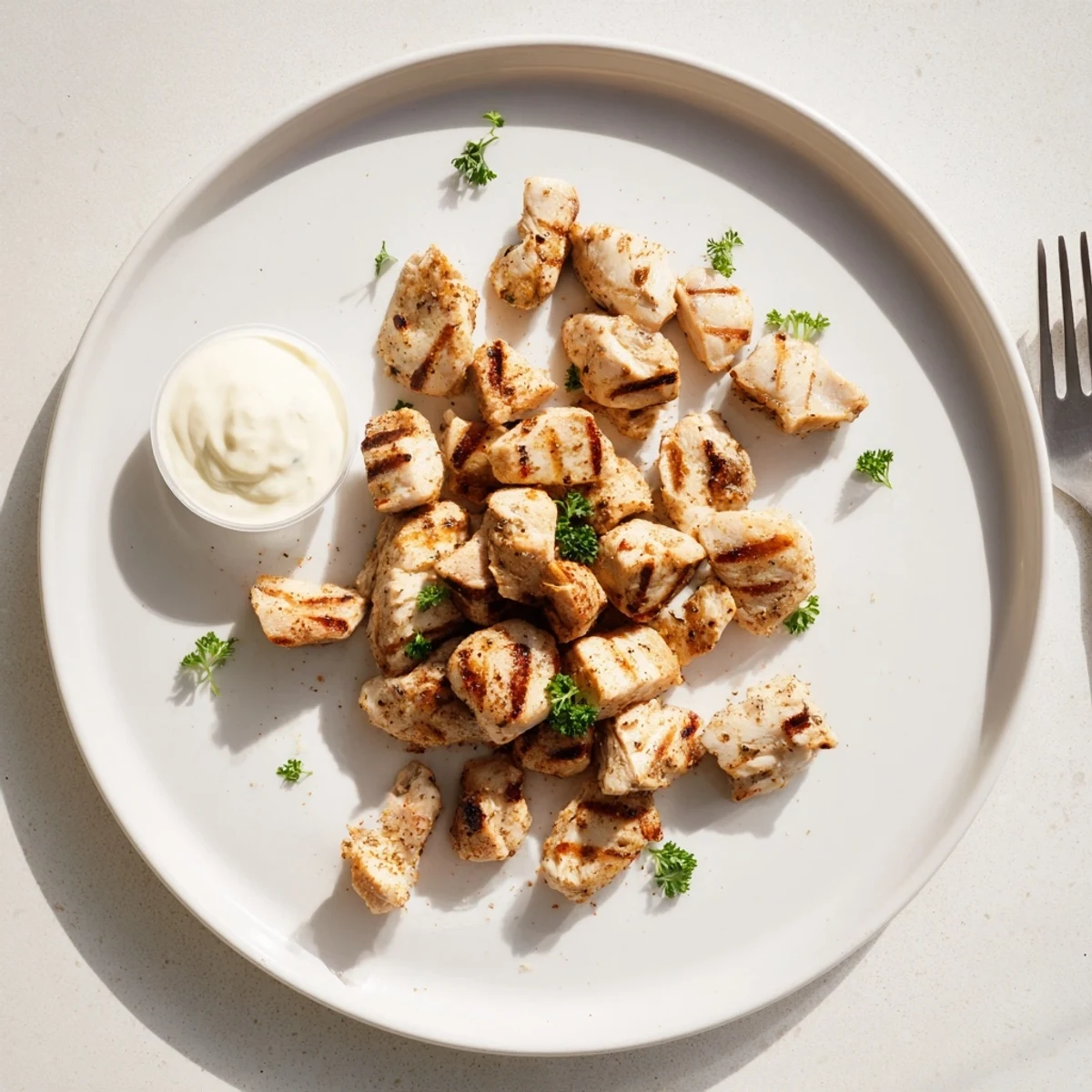 Skewers of smoky, lemon-spritzed chicken showcased as Grilled Chicken Bites With Creamy Garlic Sauce