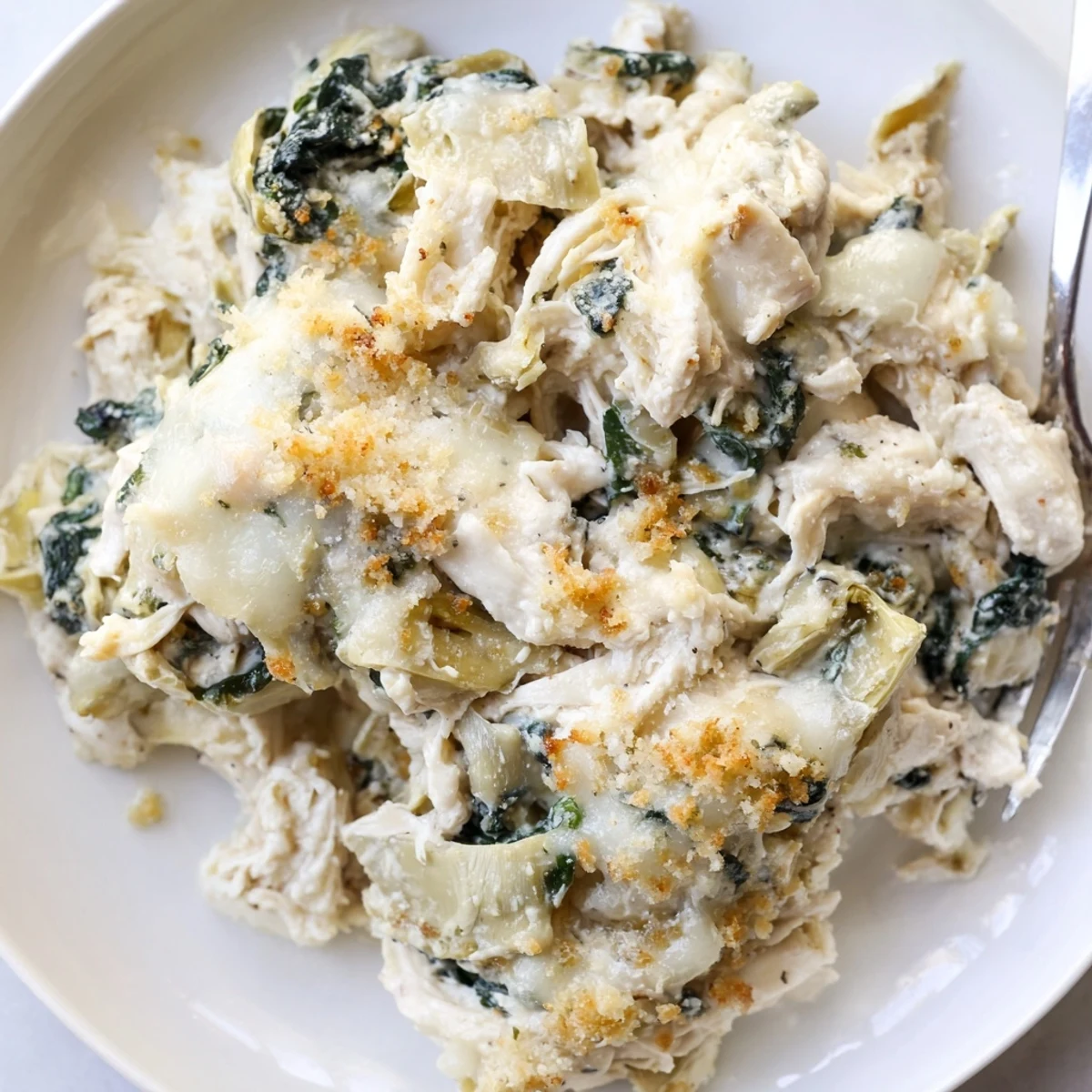 High protein spinach and artichoke chicken casserole served steaming hot with tender shredded chicken and wilted fresh spinach layers