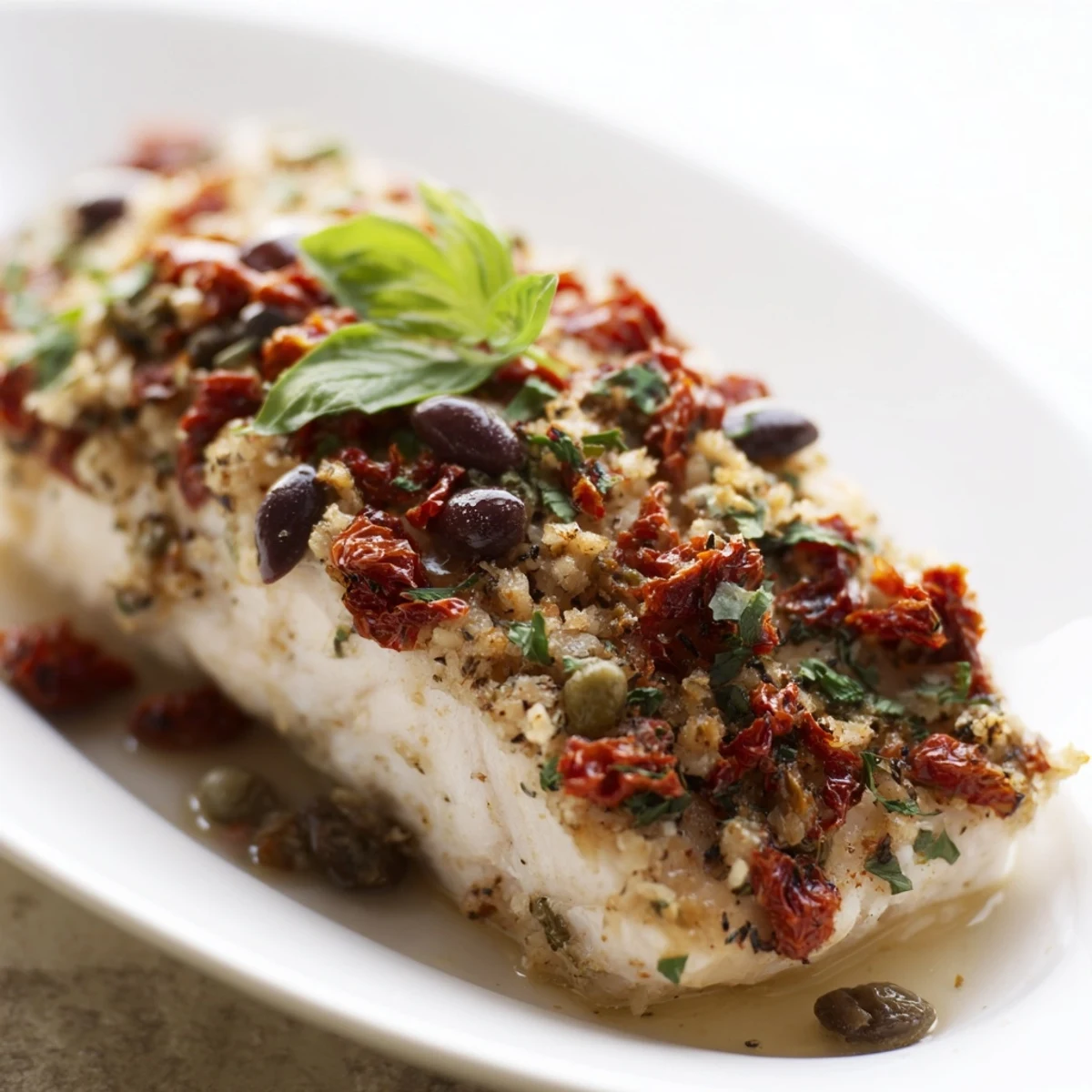 Flaky white fish fillets roasted with zesty sun-dried tomato basil topping and bright garnish